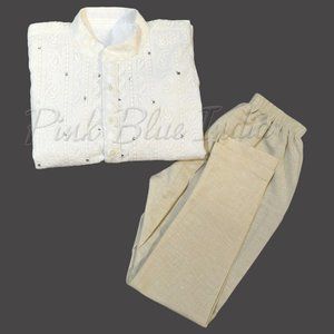 White Chikankari Kurta Pajama for Boys